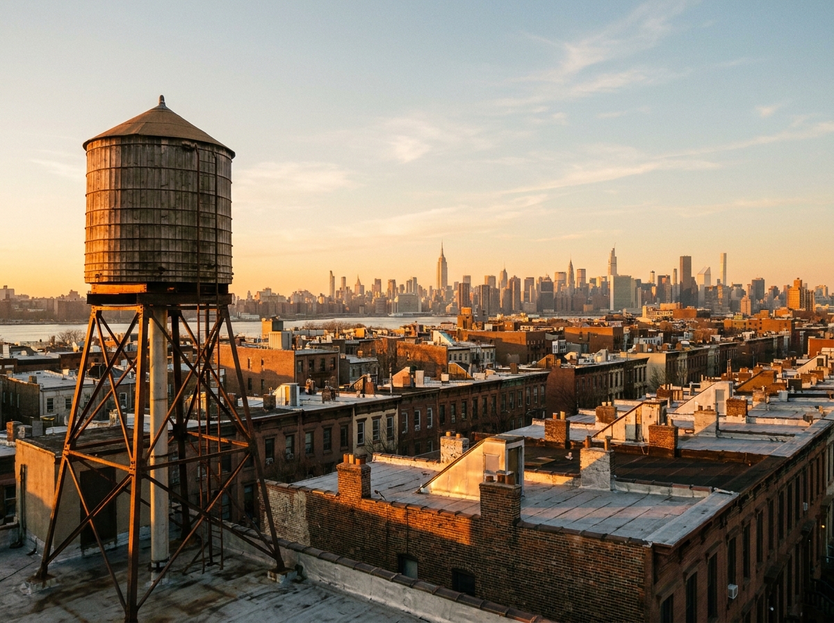 Wooden water tower on a Brooklyn rooftop at golden hour, brick rowhouse roofs below and the Manhattan skyline on the horizon