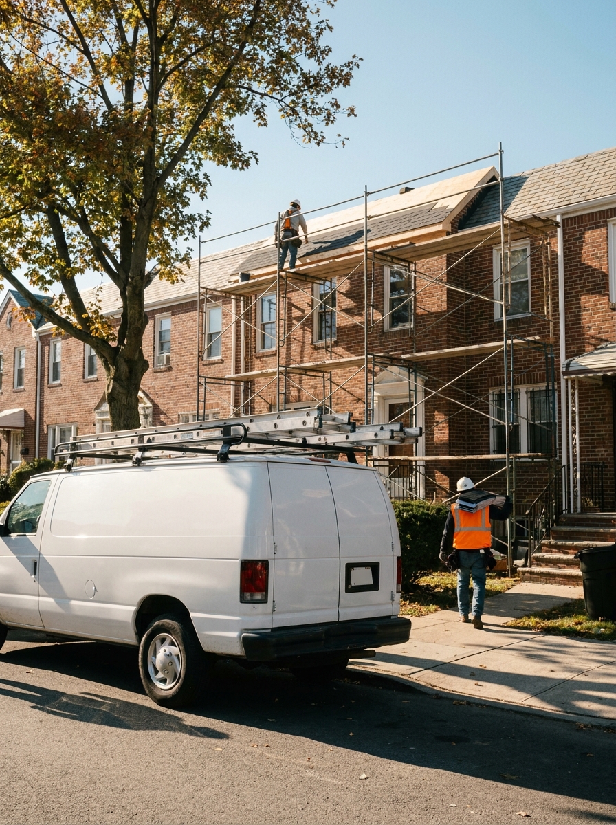 White contractor van with a roof ladder parked in front of a scaffolded brick rowhouse, a worker in a hi-vis vest carrying shingles up the walk