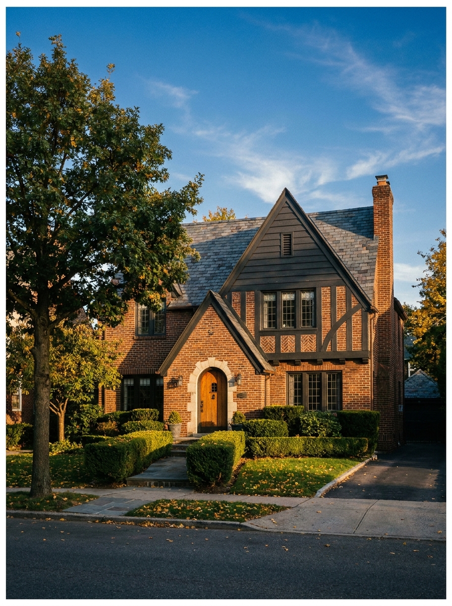 Brick Tudor house in Forest Hills, Queens with a slate roof, arched front door, and clipped hedges under a blue sky