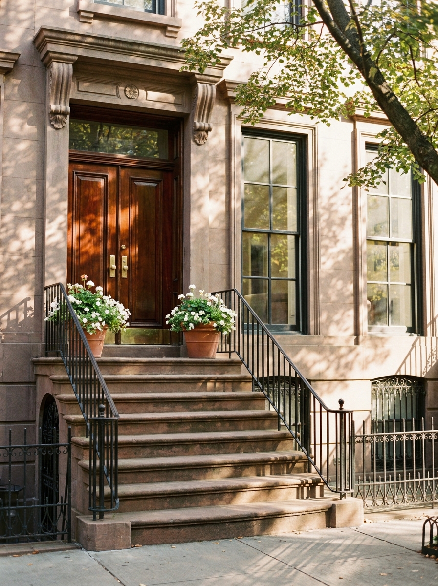 Brownstone stoop in Park Slope with black iron railings, a dark double door with brass hardware, and pots of white flowers on the steps